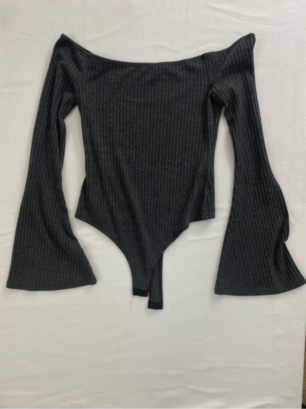 Tobi Estelle Ribbed Off-Shoulder bell sleeve Bodysuit in Charcoal Gray M